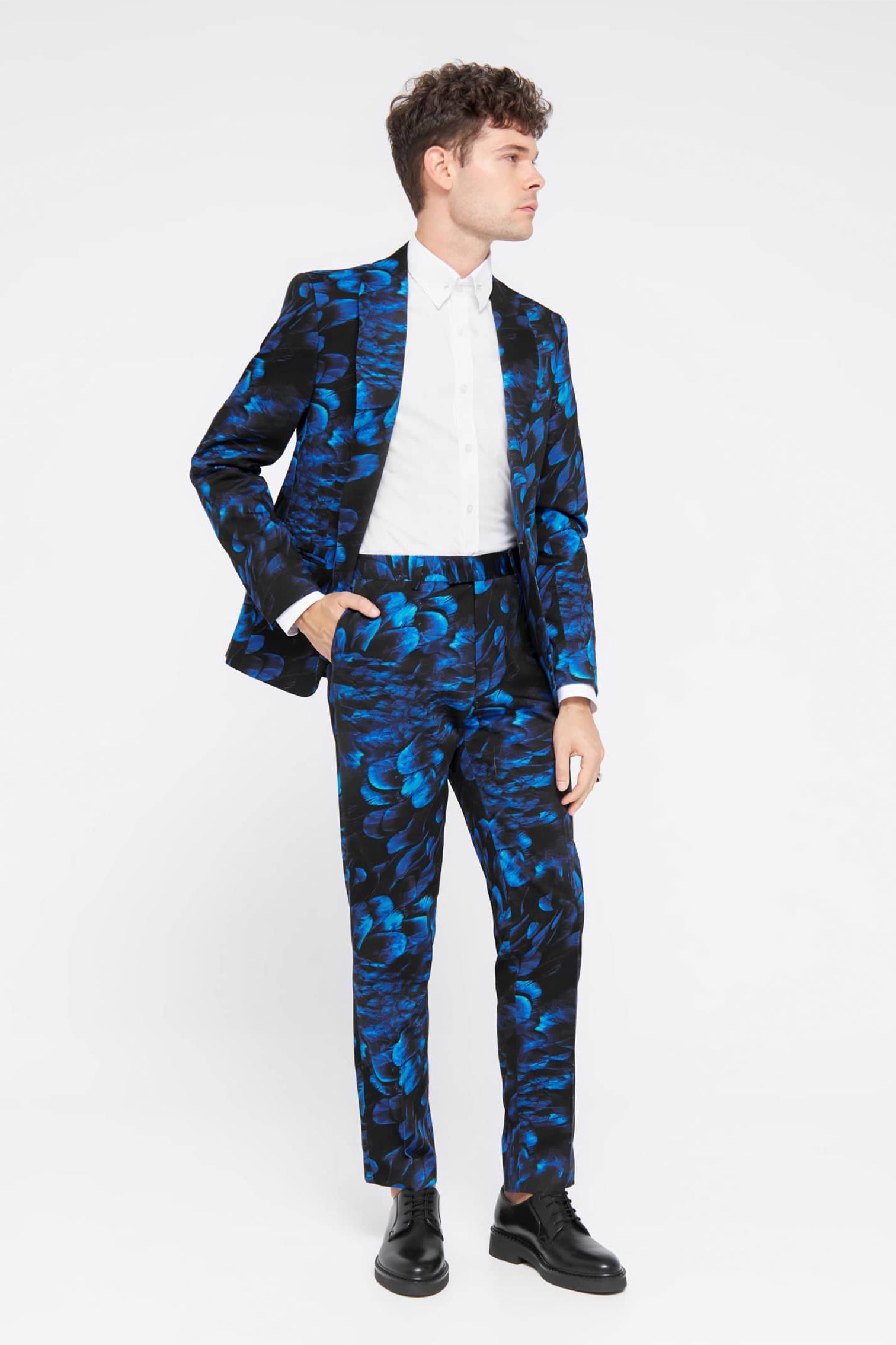 Blue suit floral shirt on sale