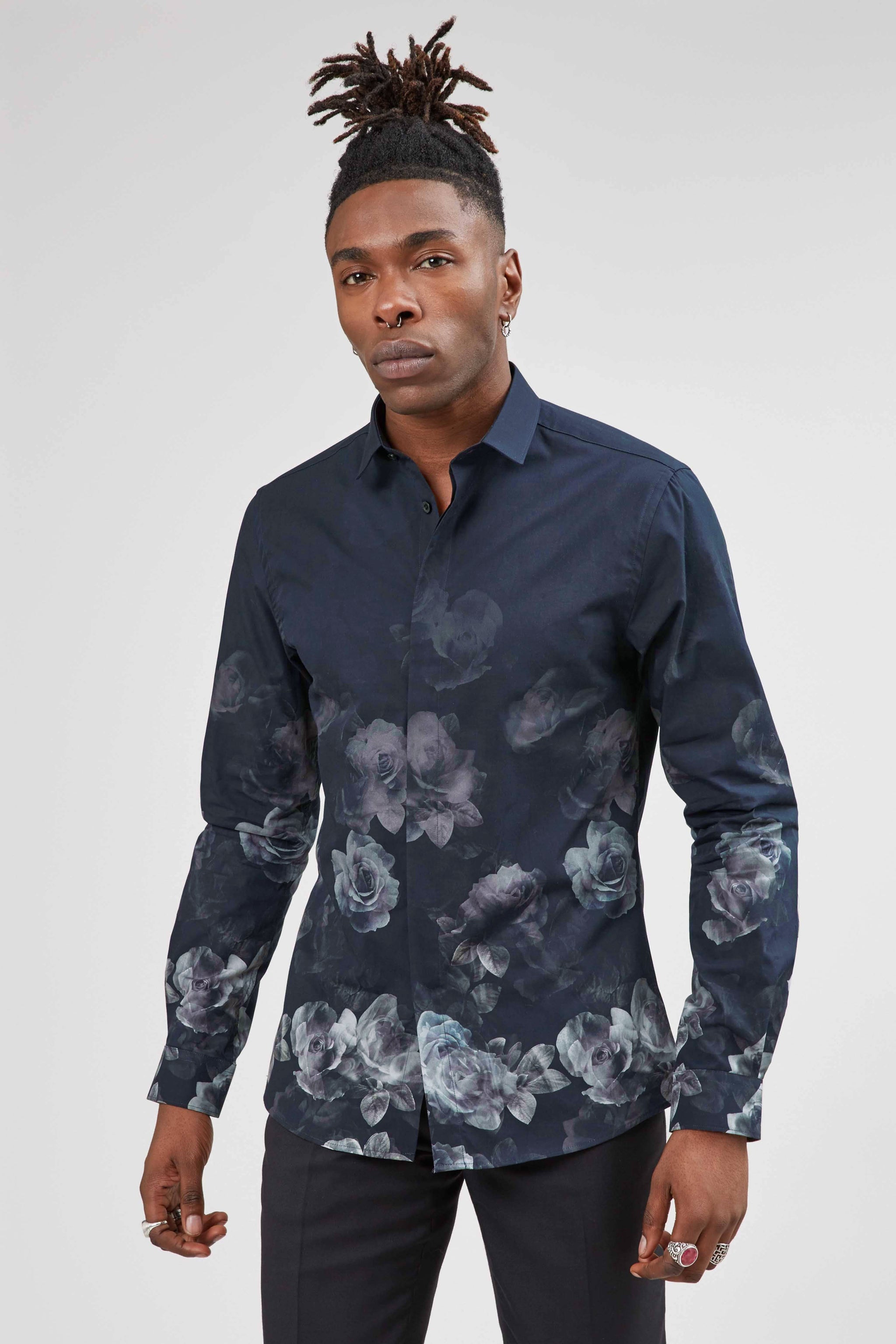 Navy floral dress shirt best sale