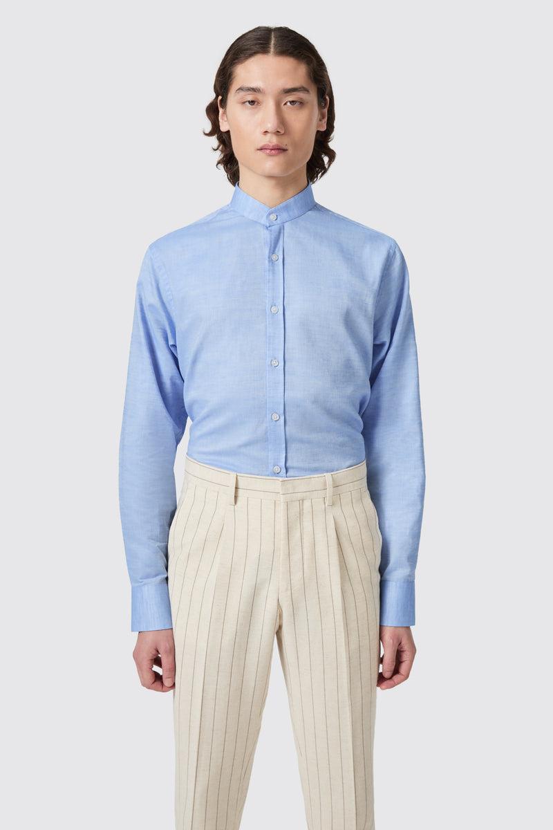 Saunders Slim Fit Grandad Collar Blue Linen Shirt – Twisted Tailor