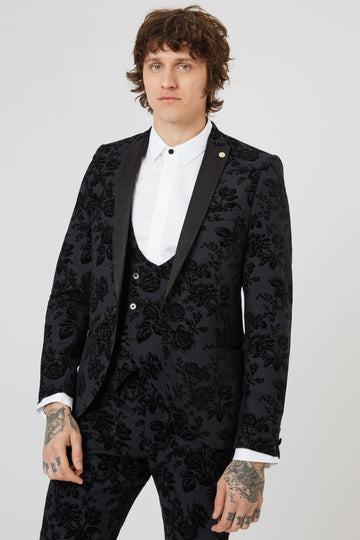 Twisted Tailor Belsize Floral Skinny Fit Tuxedo Jacket Black