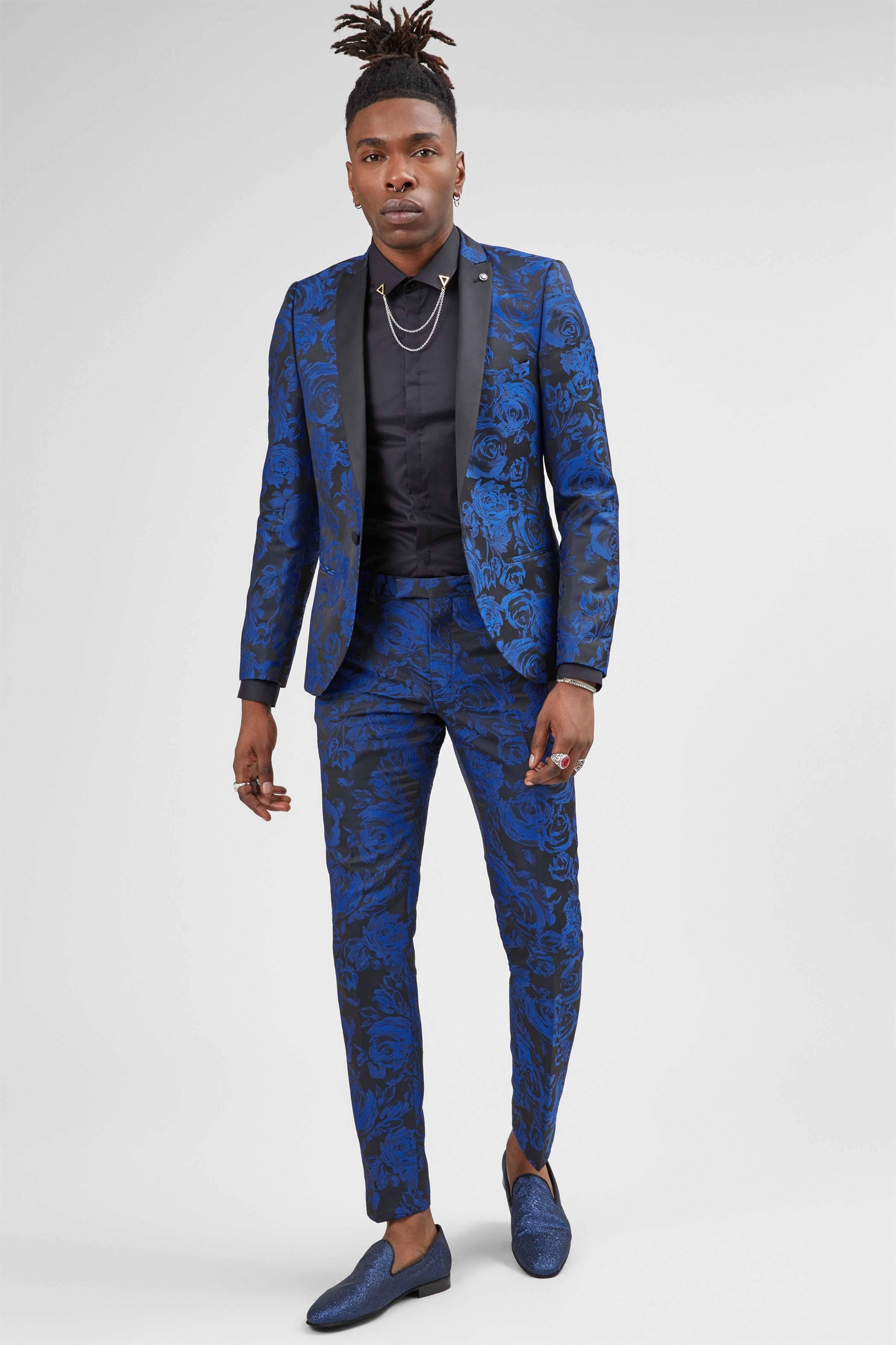 Twisted Tailor Ersat Skinny Fit Blue Floral Tuxedo Jacket