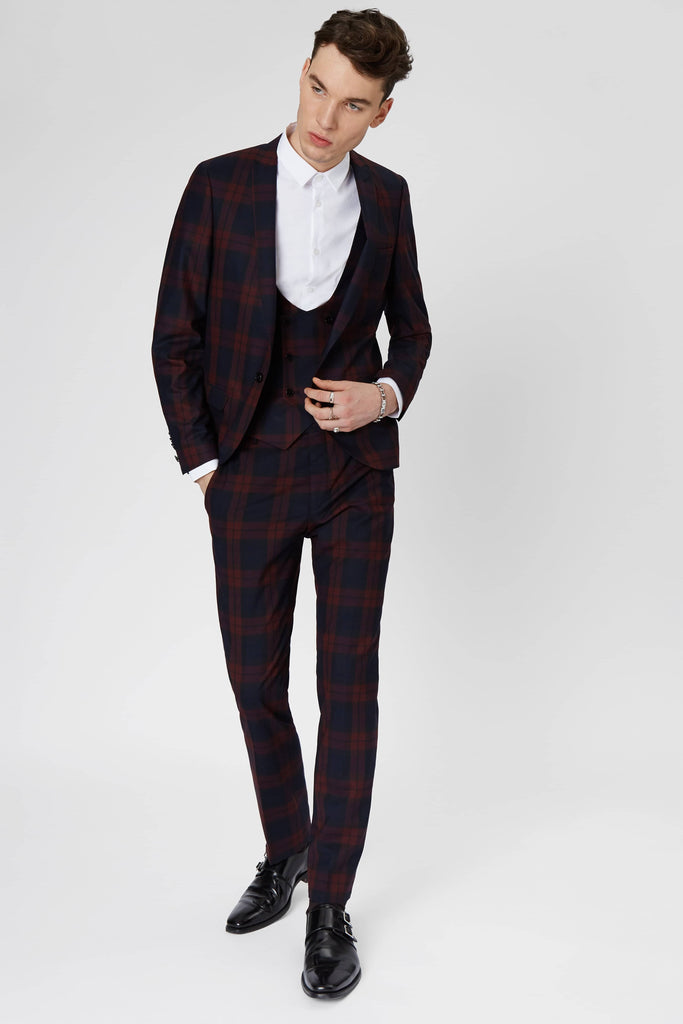 Twisted Tailor Ginger Skinny Fit Trouser In Burgundy Tartan